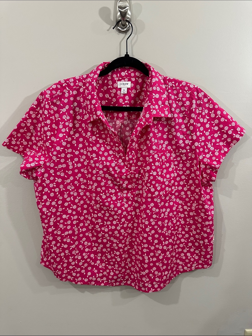 J. Crew Bright Pink Short-Sleeve Button-Down with White Floral Print, XL